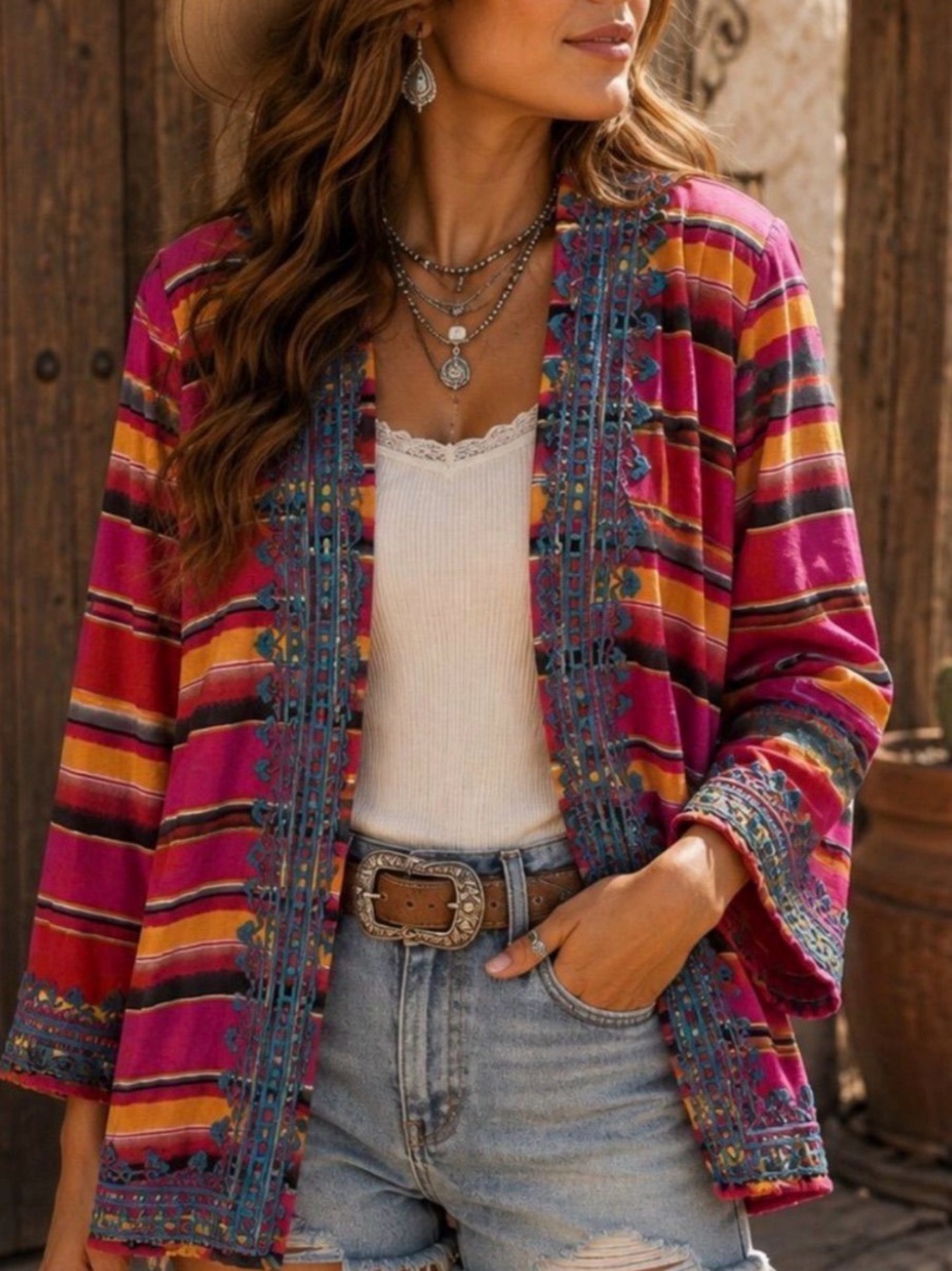 ANDREE BY UNIT Magenta Striped Open-Front Embroidered Cardigan